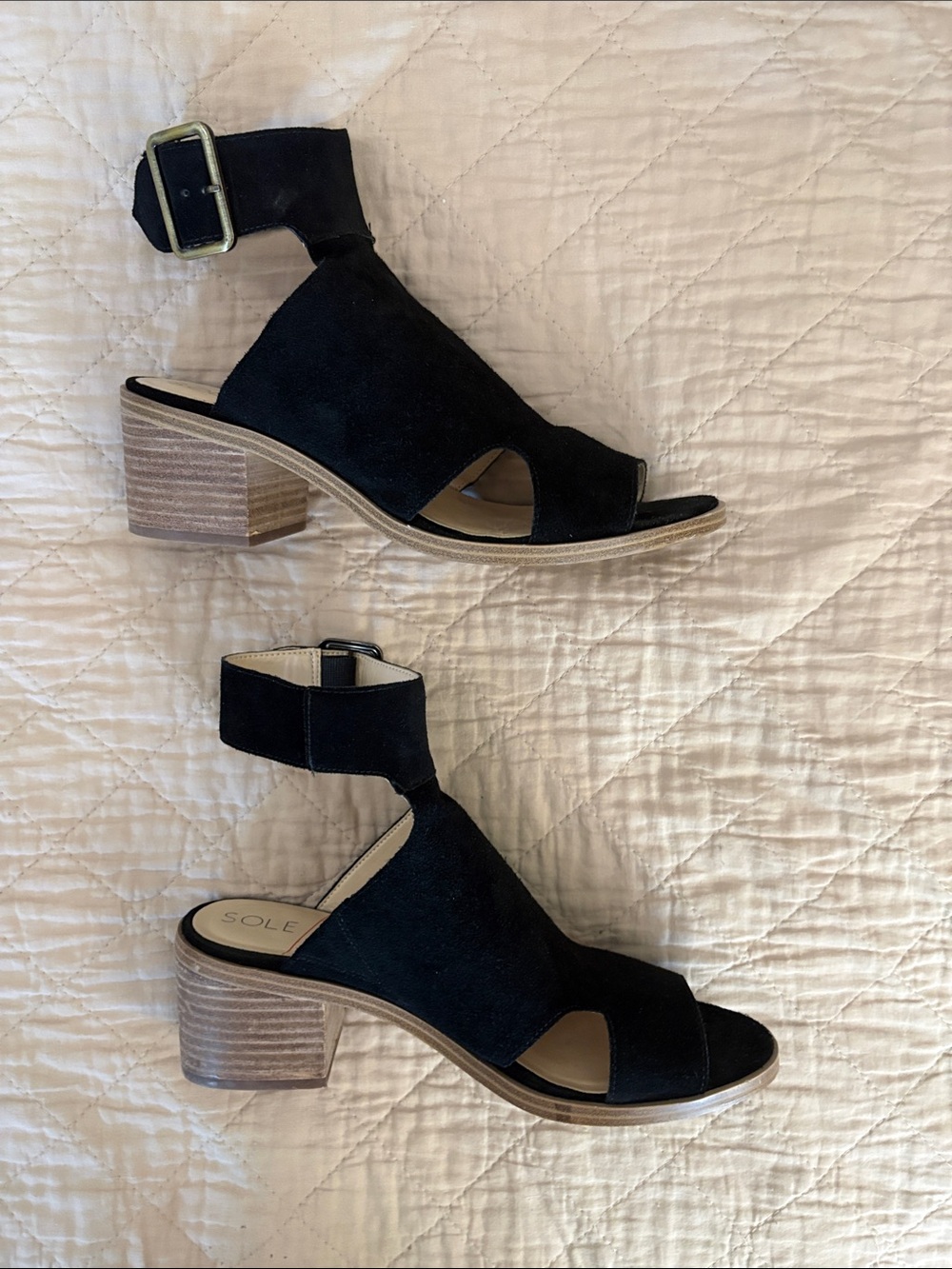 Sole Society TALLY Black Cow Split Suede Ankle Strap Block Heel Sandals. Sz 9.5 - Picture 2 of 6